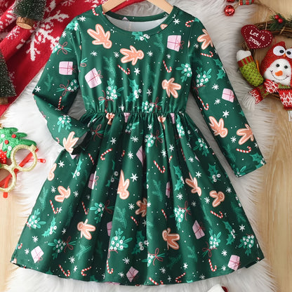 Girls' Christmas Party Dress - Elegant Green & Red Holiday Outfit with Gingerbread Children, Ruffled Hem & Waist - Long Sleeve Formal Party Dress for Christmas, New Year, Birthday - Machine Washable Girls' Clothing, Christmas