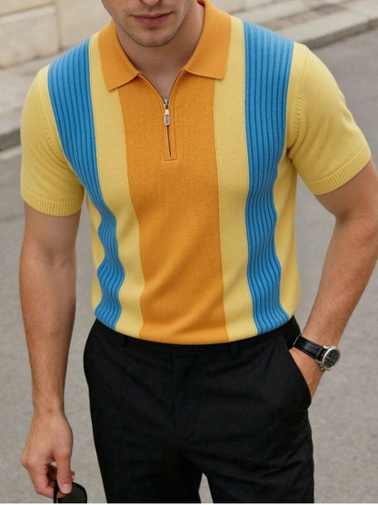 Men's Striped Knit Polo Shirt with Half-Zip for Summer Workwear