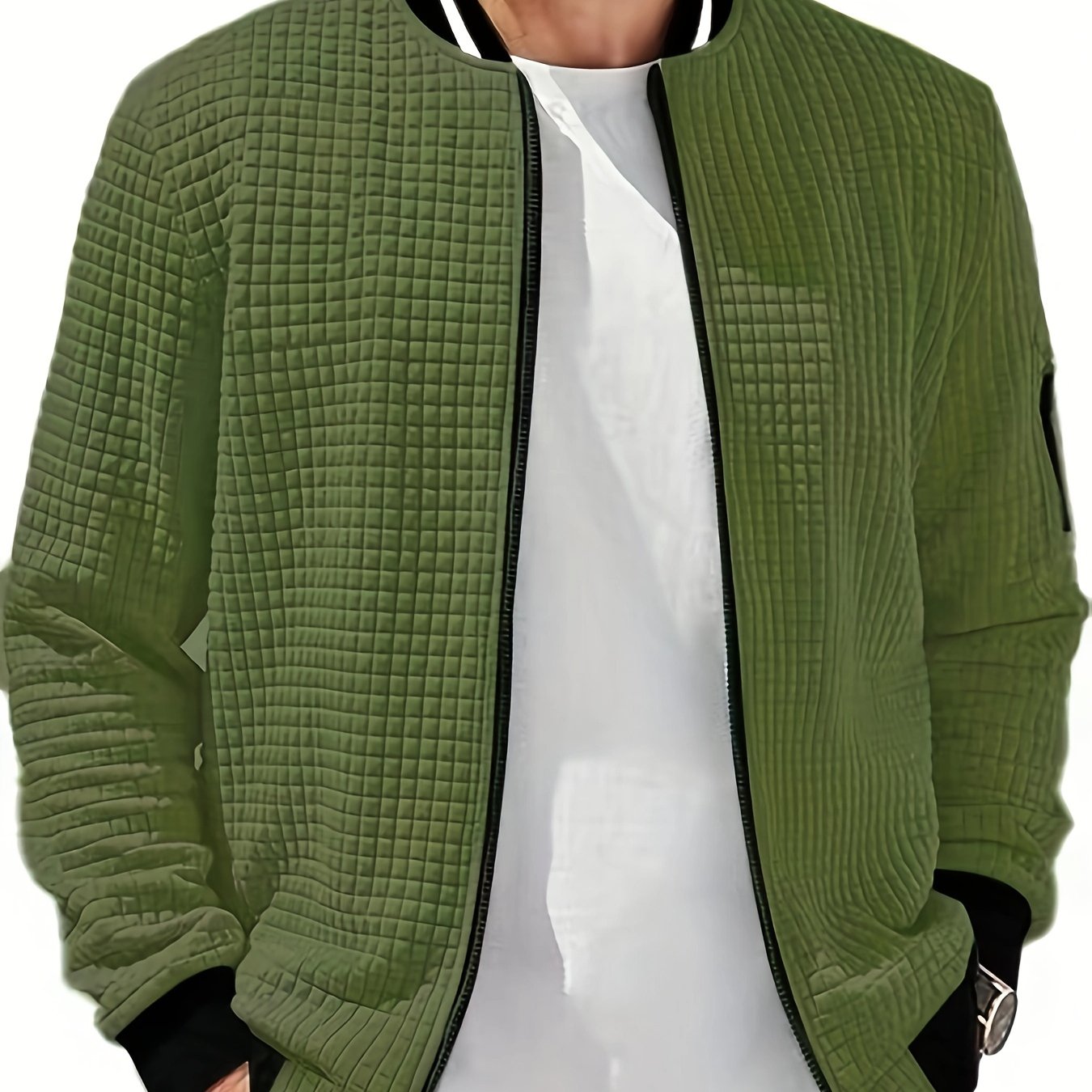 Men's Casual Bomber Jacket with Stand Collar - Polyester and Elastane Blend, Knit Fabric with Slight Stretch, Solid Color, Zipper Detail, Long Sleeve, Regular Fit