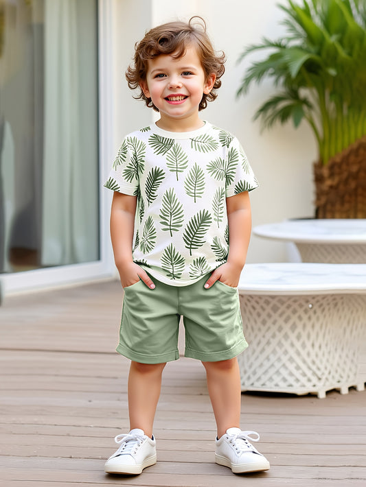 Boys' Summer Short-Sleeve Leaf Print T-Shirt & Shorts Set