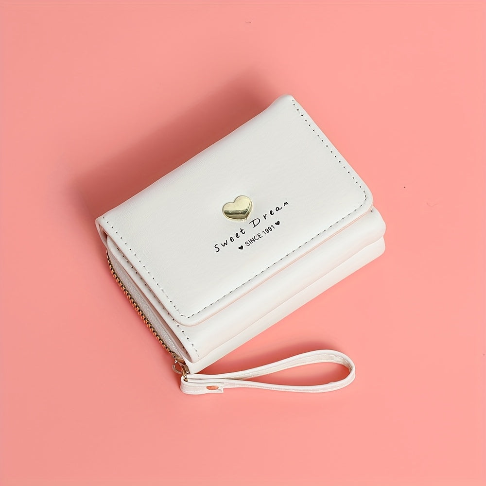 New Women'S Short Wallet, Cute Korean-Style Heart-Shaped, Large Capacity with Multiple Card Slots, Trendy Tri-Fold Design.