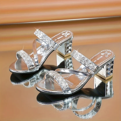 Shiny Golden Silvery Women's Sandals Summer 2024 Crystal High Heels Party Shoes Woman Comfortable Thick Heel Slides Sandalias Mujer