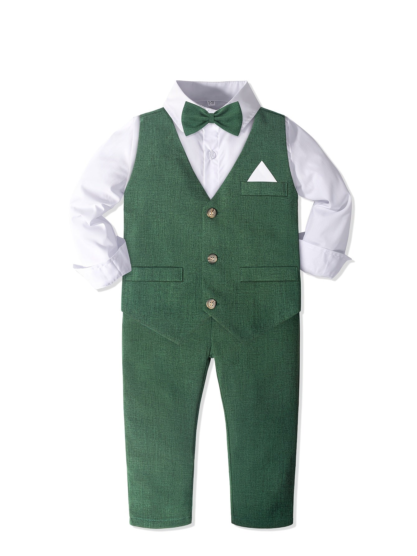 Boys' Formal Suit Set with Green Vest, White Shirt & Pants
