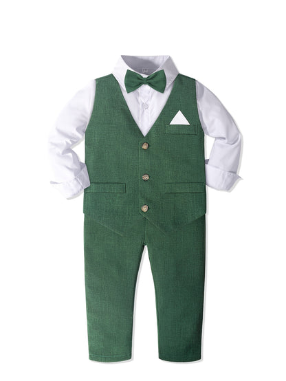 Boys' Formal Suit Set with Green Vest, White Shirt & Pants