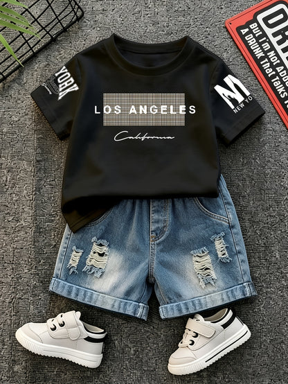 Summer Boys Los Angeles Print T-Shirt & Distressed Shorts Set