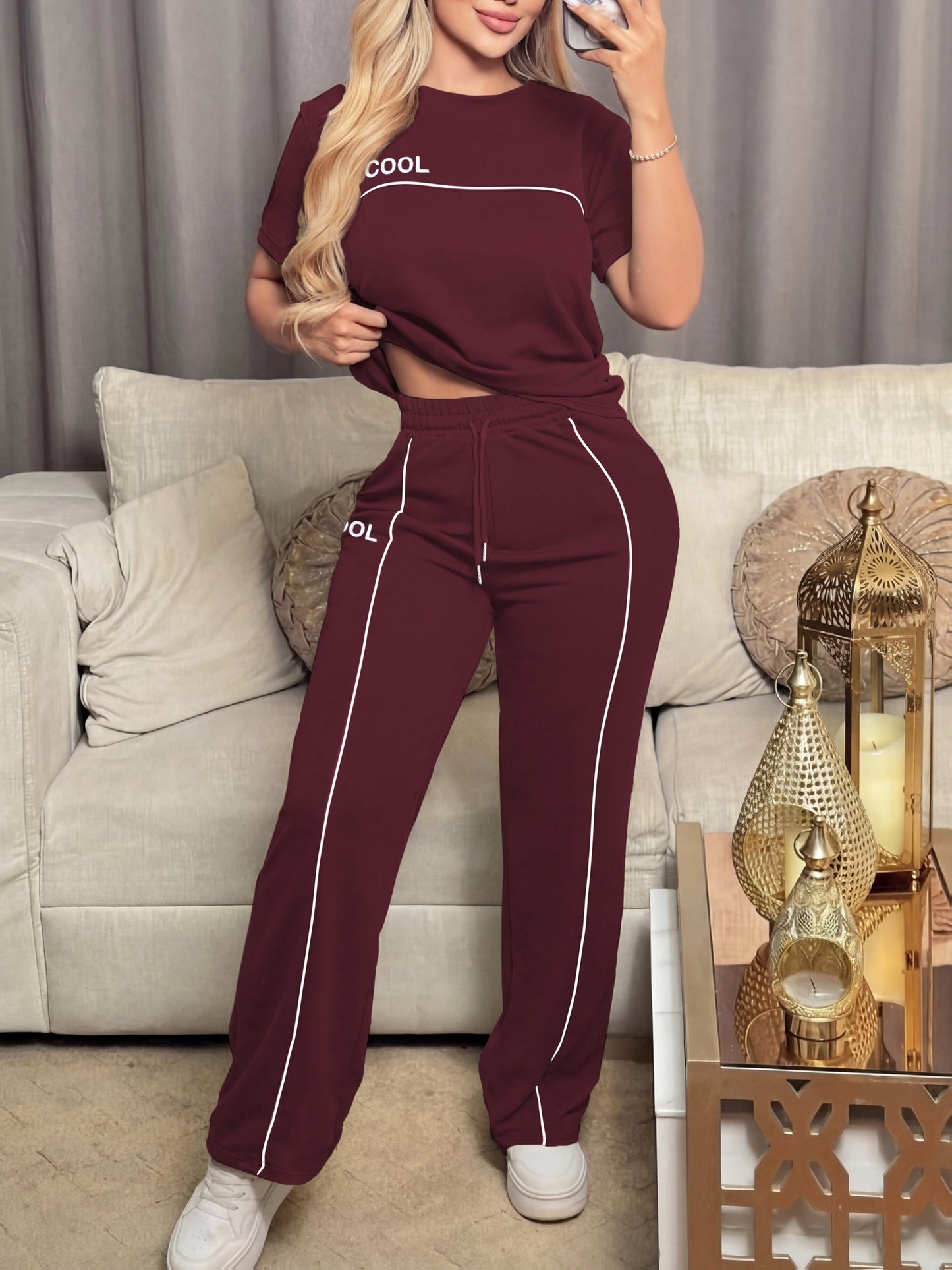 Women's Casual Letter Print Top & Wide Leg Pants Set for Spring/Summer