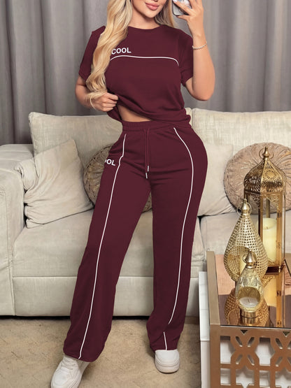 Women's Casual Letter Print Top & Wide Leg Pants Set for Spring/Summer