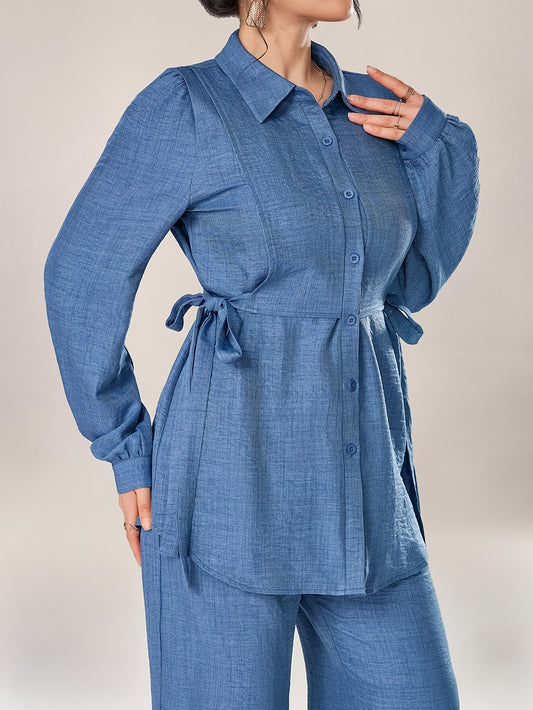 Stylish and Elegant Casual Two-Piece Women's Outfit with Side Tie Single-Breasted Shirt and Wide-Leg Pants for Office Wear