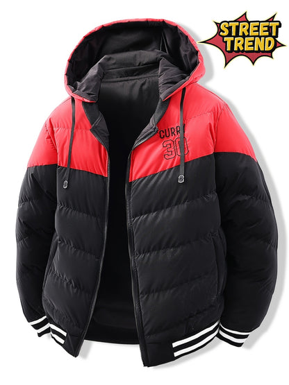 Men's Modern Streetwear Hooded Jacket with Embroidered Lettering, Color-Block Design, Removable Hood & Polyester Fill - Machine Washable Long Sleeve Coat with Pockets for Fall Winter Casual Wear