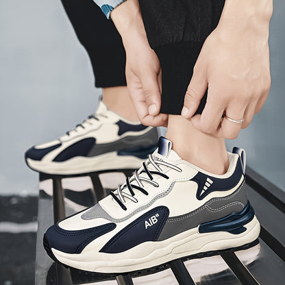 Men'S Fashion Sneakers, Casual Sports Shoes, All-Season Lace-Up Low Top, PU Upper, Fabric Lining, Rubber Sole, EVA Insole, Round Toe, with Trendy Thick Sole for Hiking, Outdoor, Daily Wear
