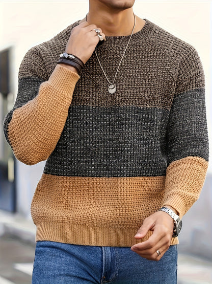 Men's Autumn and Winter Color Block Knit Sweater, Crew Neck Pullover