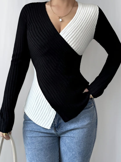 Women'S Elegant Color Block Long Sleeve T-Shirt - V-Neck, Slim Fit, & Pink, Comfortable & Stylish for Spring/Fall, Versatile Casual or Dressy Outfits, Versatile Fashion | Vneck Top | Construction, Ladies T Shirts