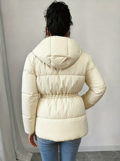 Women'S Elegant Black Puffer Jacket - Mid-Length Loose Fit with Adjustable Drawstring Waist, Long Sleeves, and Front Zipper, Casual Winter Outerwear for Cold Weather, Winter Jacket