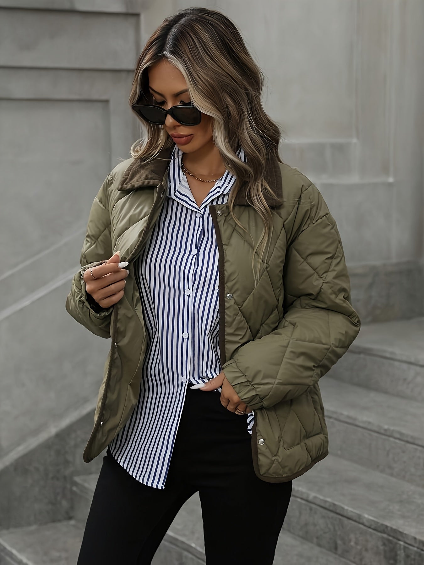 Rhombus Pattern Fashion Women's Top, Collar Spliced Single-Breasted Short Coat, Winter 2024 New Arrival, Contrast Trim, Petite-Friendly Jacket, Fashionable Warm Casual Outerwear, High-Reviewed