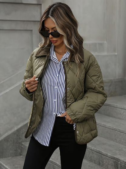 Rhombus Pattern Fashion Women's Top, Collar Spliced Single-Breasted Short Coat, Winter 2024 New Arrival, Contrast Trim, Petite-Friendly Jacket, Fashionable Warm Casual Outerwear, High-Reviewed