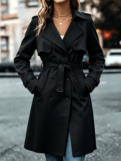 Elegant Solid-Color Double-Breasted Trench Coat with Belt