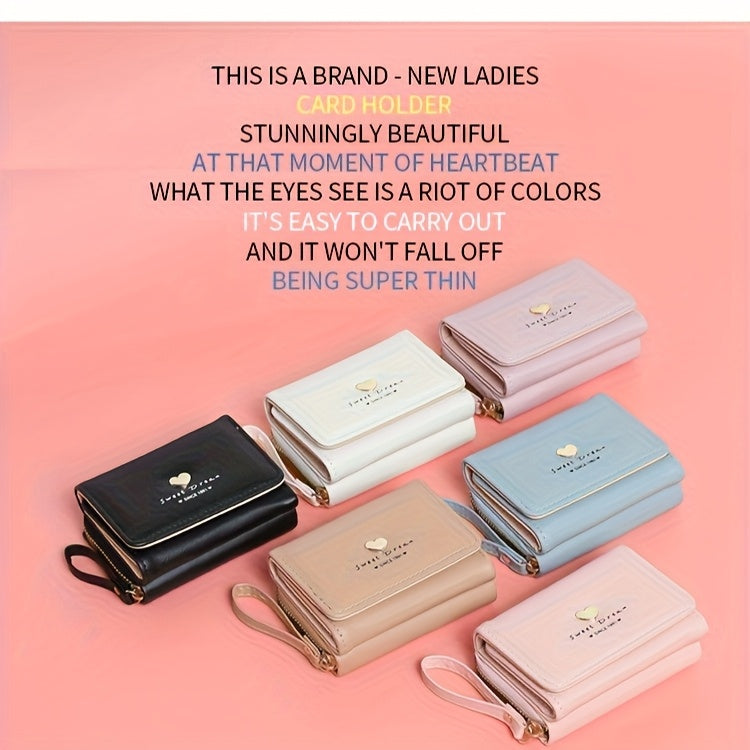 New Women'S Short Wallet, Cute Korean-Style Heart-Shaped, Large Capacity with Multiple Card Slots, Trendy Tri-Fold Design.