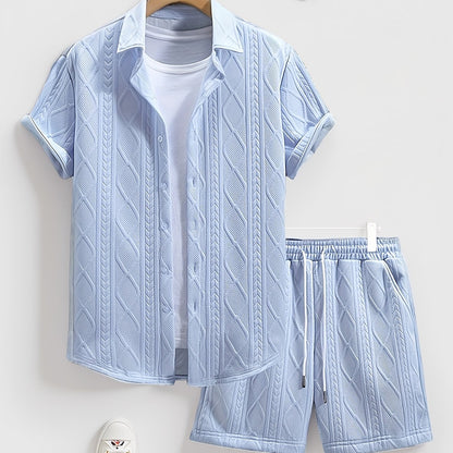 Men's Set Shirt Short Sleeve Shorts Thick Solid Color Knit Jacquard Casual Comfort High-Quality Two-Piece Set