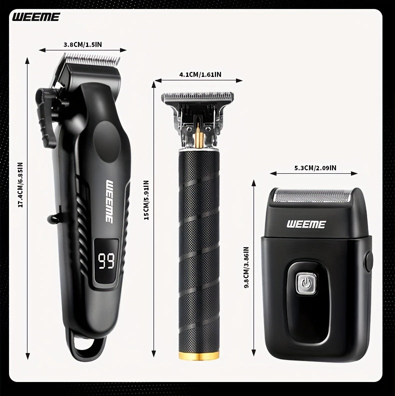 WEEME 2pcs/3pcs Men's grooming suit Multi-function electric hair clipper shaver trimmer alloy steel head three-gear adjustment USB fast charging LCD power display household travel car must-have gift for husband, boyfriend and