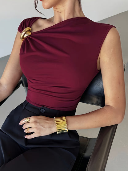 Women’s Casual Elegant Burgundy Asymmetrical Shoulder Top