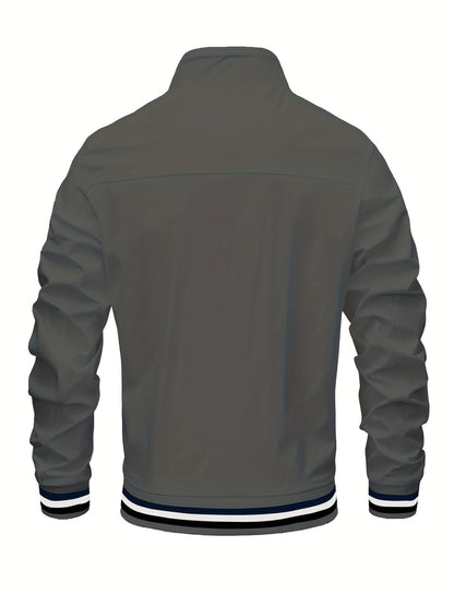 Men's Vintage-Inspired Hip Hop Baseball Jacket - Casual Sports Outerwear with Stand Collar, Zip-Up, Polyester - Perfect for Fall/Winter