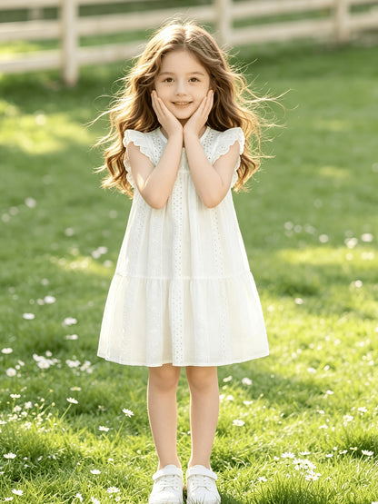 Girls' Summer White Lace Puff Sleeve Cotton Dress