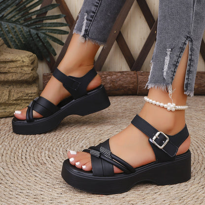 Women'S Plus Size Fashion Platform Sandals - Black Open Toe with Buckle Closure, Thick Sole, PU Cover, Comfortable Summer Shoes for Casual Wear, Strappy Sandals