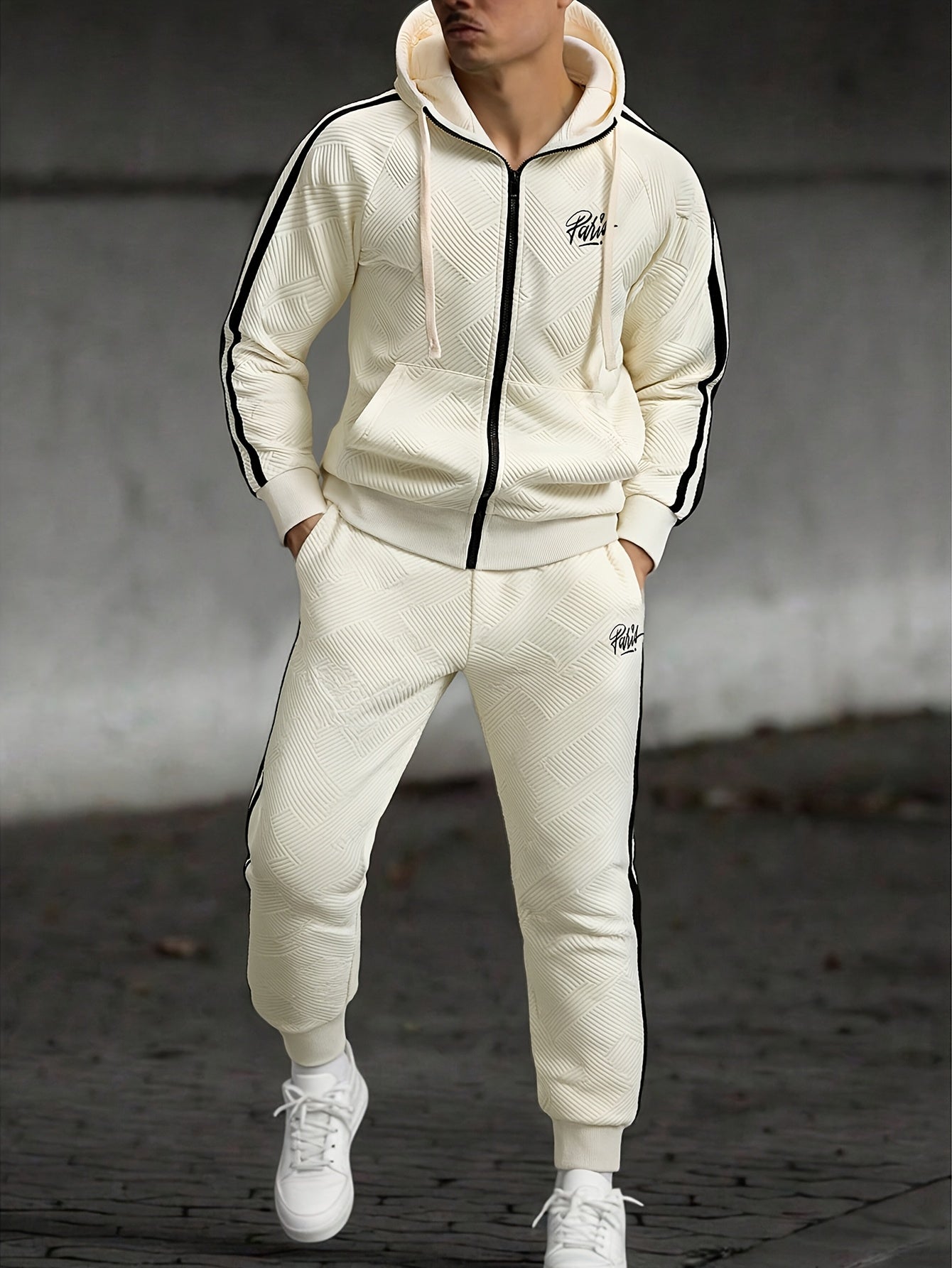 Men's Spring & Fall Jacquard Embroidered Striped Tracksuit Set - 2pcs Zip-Up Hoodie & Pants for Daily Wear, Sports & Outdoor Trips