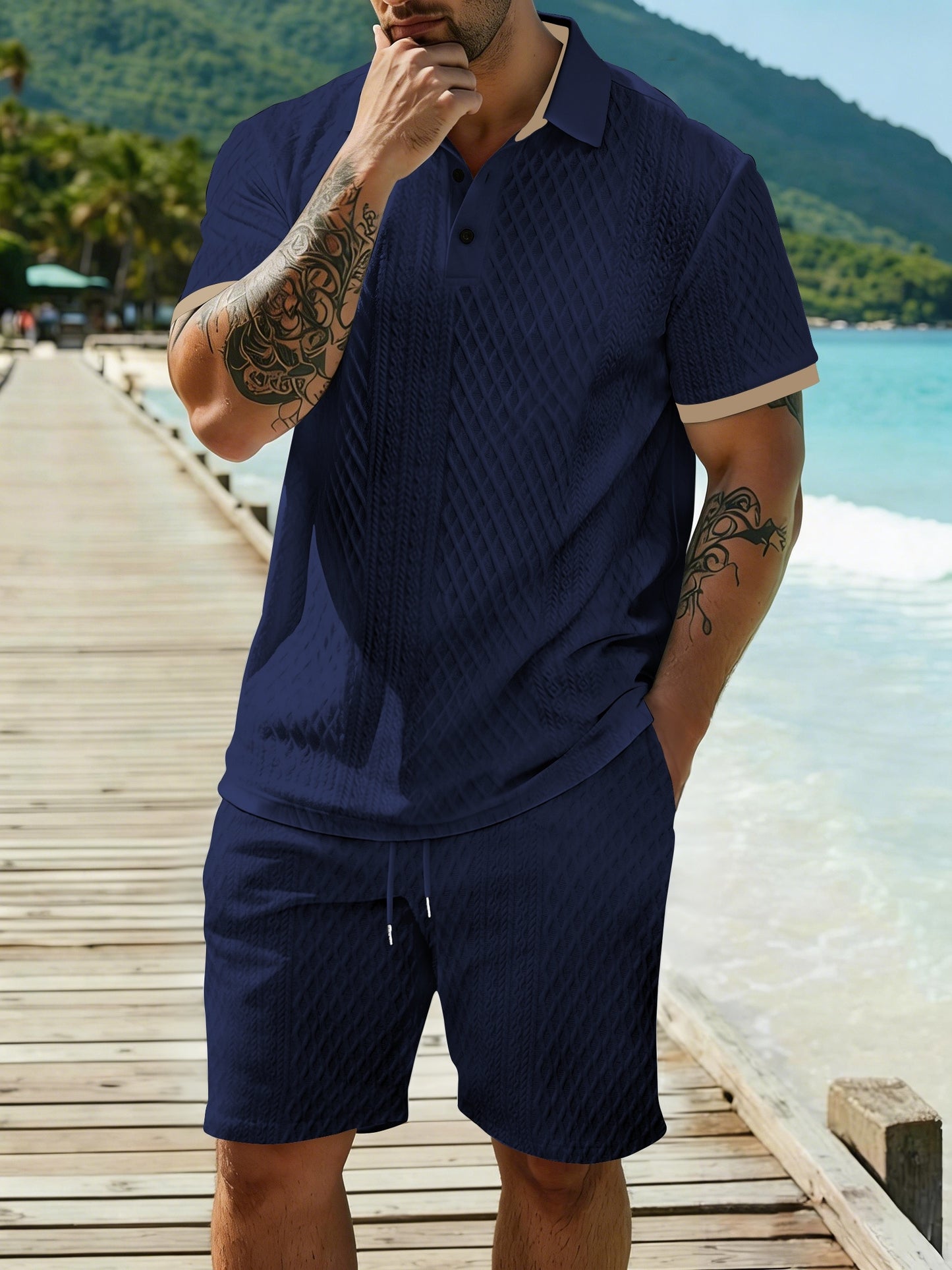 Men's Summer Casual Polo Shirt & Shorts Set with Geometric Print