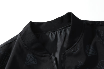 Men's Fashion Bomber Jacket Spring/Fall Collection, Casual Alphabet Print Polyester Jacket with Zipper, Baseball Collar, Long Sleeve, Regular Fit, Non-Stretch Woven Fabric, Casual Outfit with Pocket