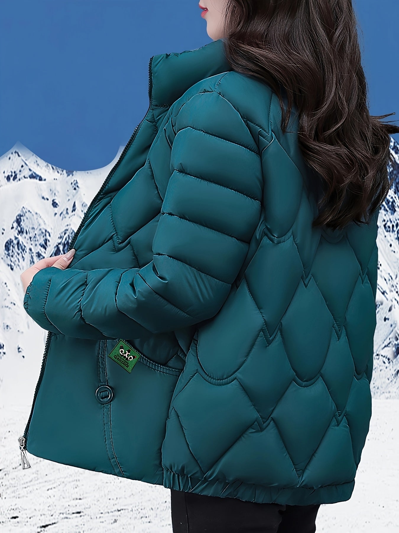 Plus Size - Women'S Stylish Red Quilted Jacket - Long Sleeve, Zip-Up Winter Coat with Pockets, Casual Polyester Outerwear for Cold Weather, Winter Jacket