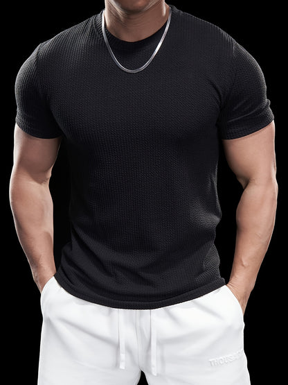 Men's Slim Fit Stretch Crew Neck Short Sleeve T-Shirt - Solid Color Black, Summer Casual  Sporty Tee for Casual Attire