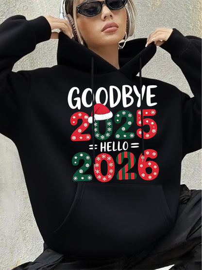 Women's White 2025 New Year & Christmas Hooded Sweatshirt - Goodbye 2024 2025 Print with Snowflakes & Candy Canes, Cozy Winter Pullover Hoodie, Relaxed Fit Casual Sweater for Holiday Parties & New Year's Eve Outfits