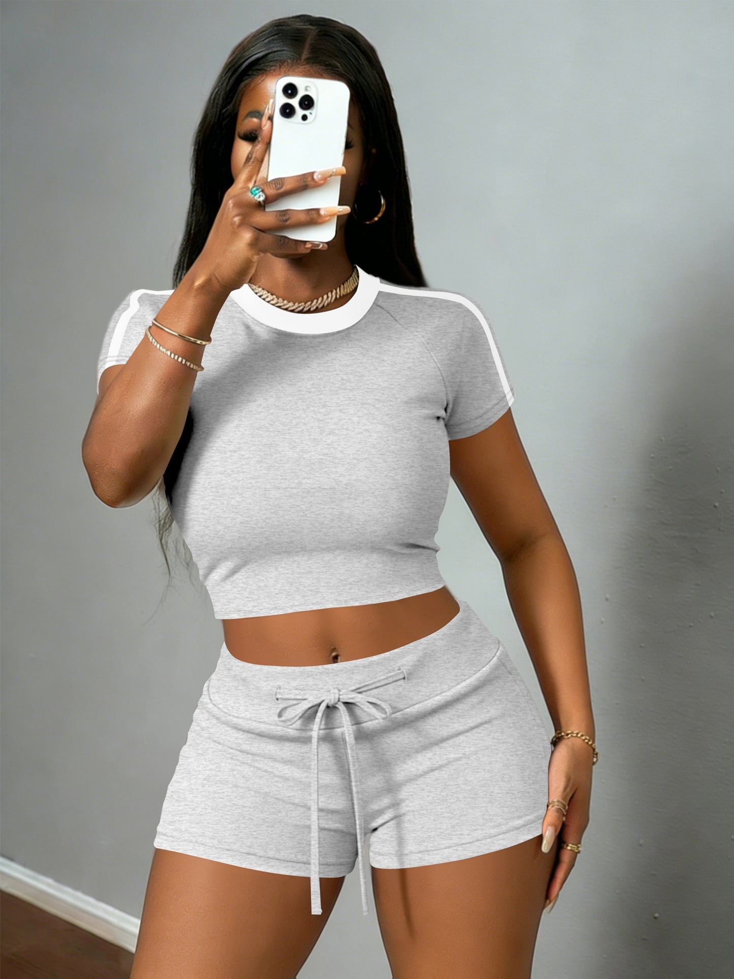 Women's Casual Crop T-Shirt & High-Waist Drawstring Shorts Set