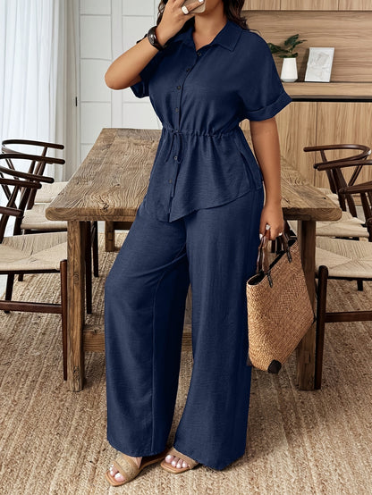 Women's Elegant Polo Neck Pullover & Solid Long Pants Set
