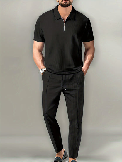 Men's Fashion Short-Sleeve Long-Pants Waffle Knit Zip-Up Turn- Collar Casual Two-Piece Set