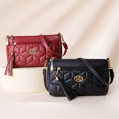 Quilted Women'S Crossbody Bag with Large Capacity, Casual Shoulder Bag Featuring Tassel Decorations, Multiple Zip Openings, And Adjustable Shoulder Strap