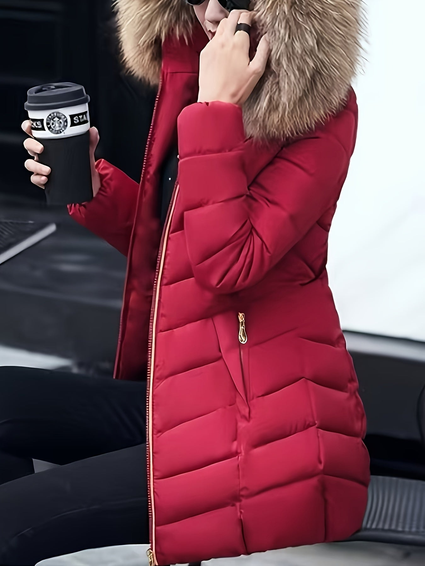 Women'S Elegant Red Mid-Length Winter Coat with Plush Fur Hood, Zip-Up Design, and Contrast Trim - Stylish All-Season Outerwear, Winter Coats And Vests
