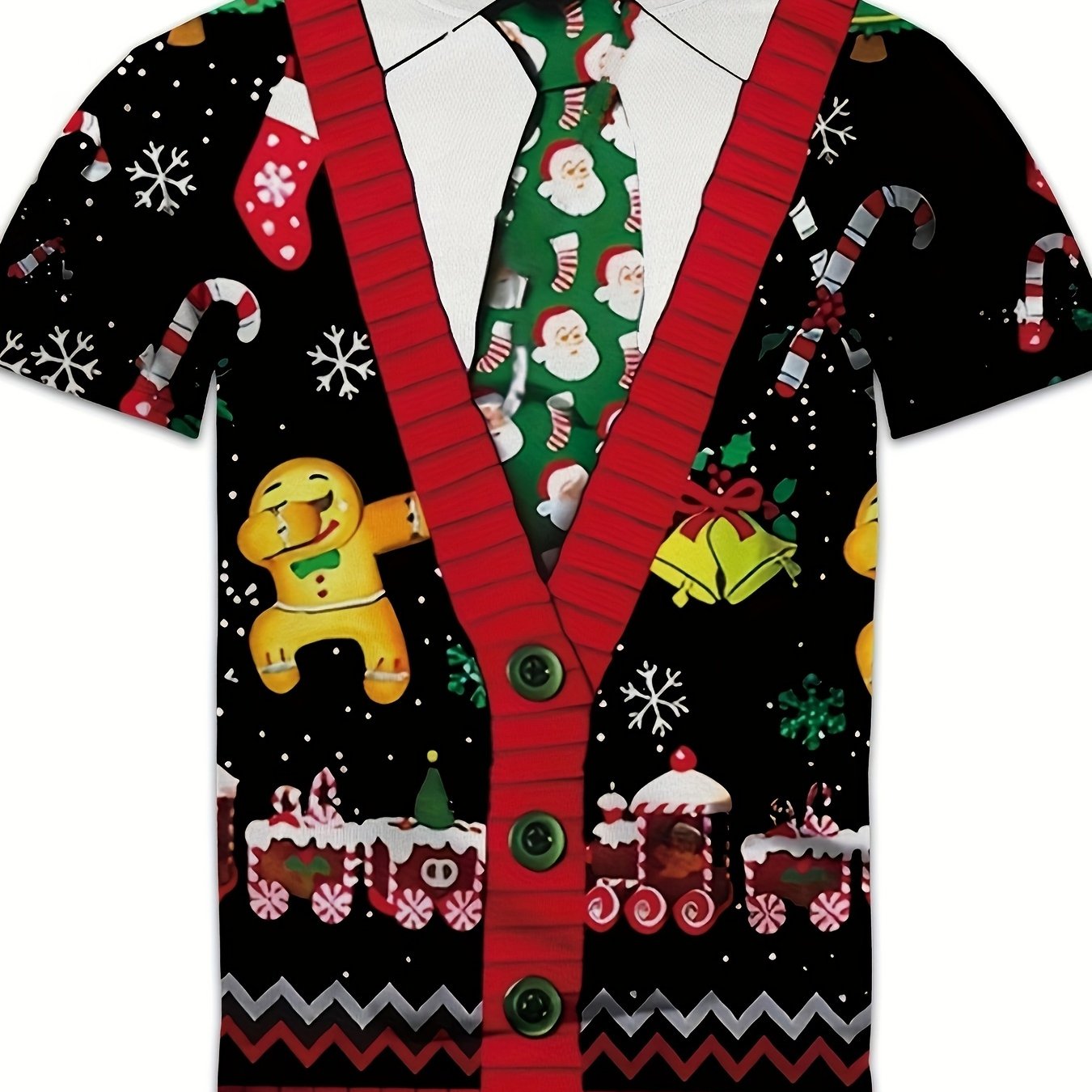 Men's Large 3D Christmas Sweater T-Shirt - Short Sleeve Round Neck with Santa, Snowman, Gingerbread & Candy Cane Print - Ugly Sweater Party Outfit, Holiday Celebration Costume (Vibrant Colors, Machine Washable), PLUS SIZE