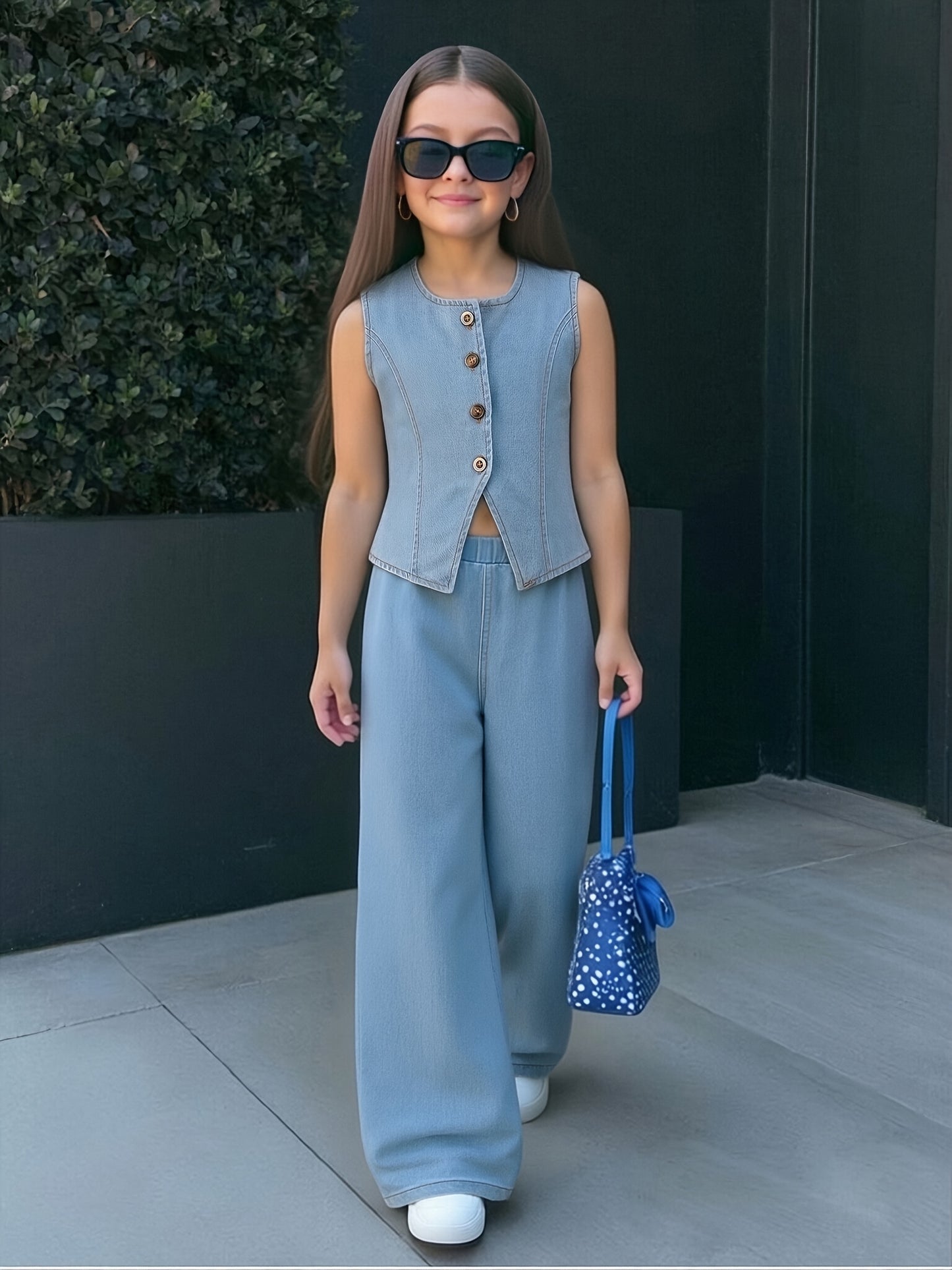 Girls' Casual Cotton Denim Two-Piece Set, Loose Fit Spring Summer