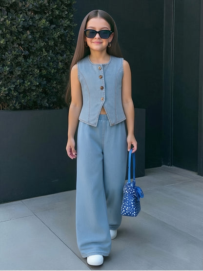 Girls' Casual Cotton Denim Two-Piece Set, Loose Fit Spring Summer