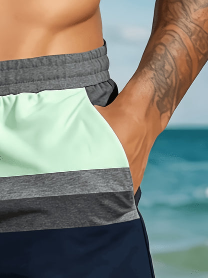 Men's Lightweight Polyester Beach Shorts with Color Block Design