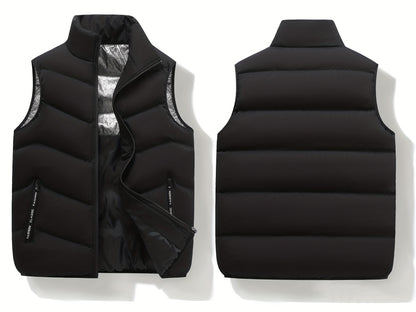 Men's Casual Sleeveless Stand Collar Vest, Thickened Warm Sweater, Autumn Winter Solid Color Zip-up Jacket, Coldproof Outdoor Top, Graphene Warmth, Fashion Webbing, Suitable for Daily Activities, Holiday Gift