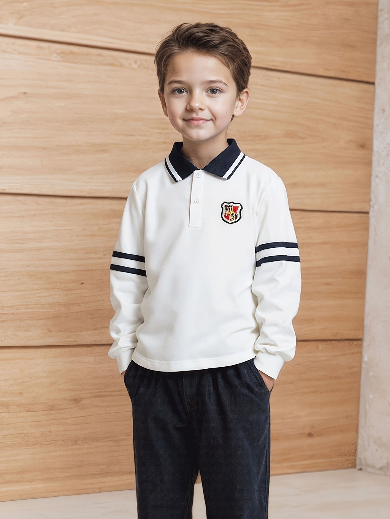 Boys' Long-Sleeve Lapel Cotton T-Shirt for School Uniforms
