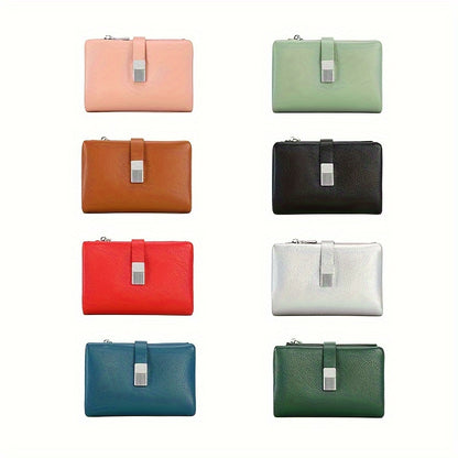 A Compact Trifold Wallet Made of Soft PU in a Solid Color, Featuring Metal Accents. It Includes a Zippered Coin Pocket, Card Slots, And an ID Window, Suitable for Credit Cards, ID Cards, Cash, And Coins. This Modern, Lightwei