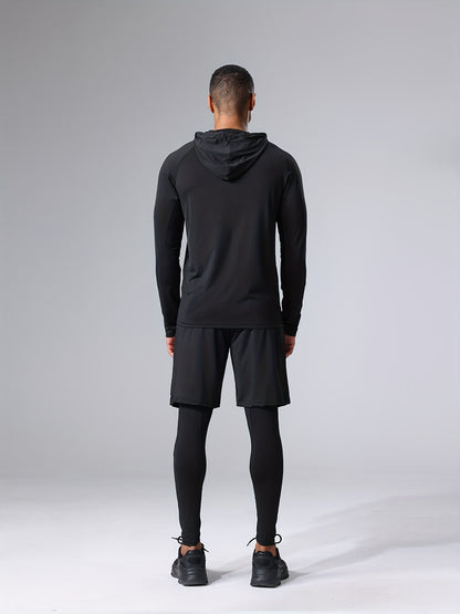 4pcs Athletic Sportswear Set, Polyester 95% Elastane 5% Knit Fabric, All-Season Crew Neck Hoodie, Skinny Fit Solid Color, Breathable Quick-Dry for Running, Fitness, Cycling & Outdoor Activities
