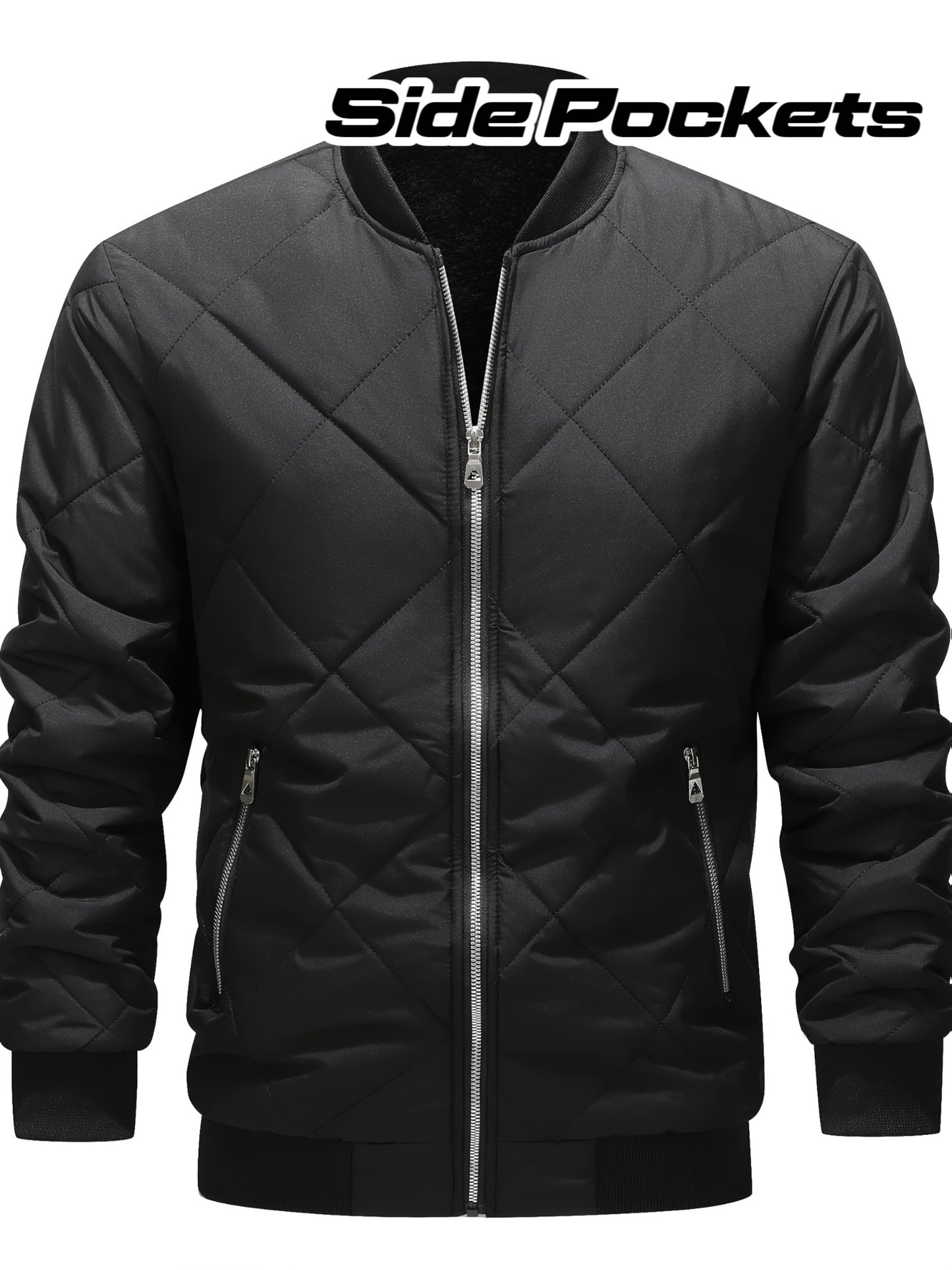 Men's Winter Casual Bomber Jacket - Black with Diamond Quilted Design, 100% Polyester, Zipper Front & Side Pockets, Regular Fit for Outdoor Activities