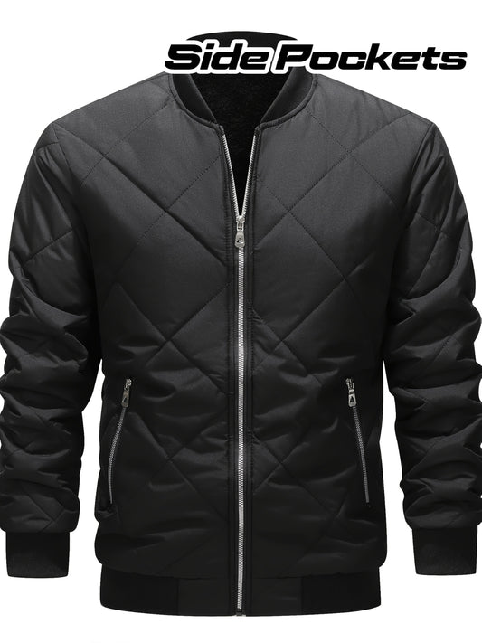 Men's Winter Casual Bomber Jacket - Black with Diamond Quilted Design, 100% Polyester, Zipper Front & Side Pockets, Regular Fit for Outdoor Activities