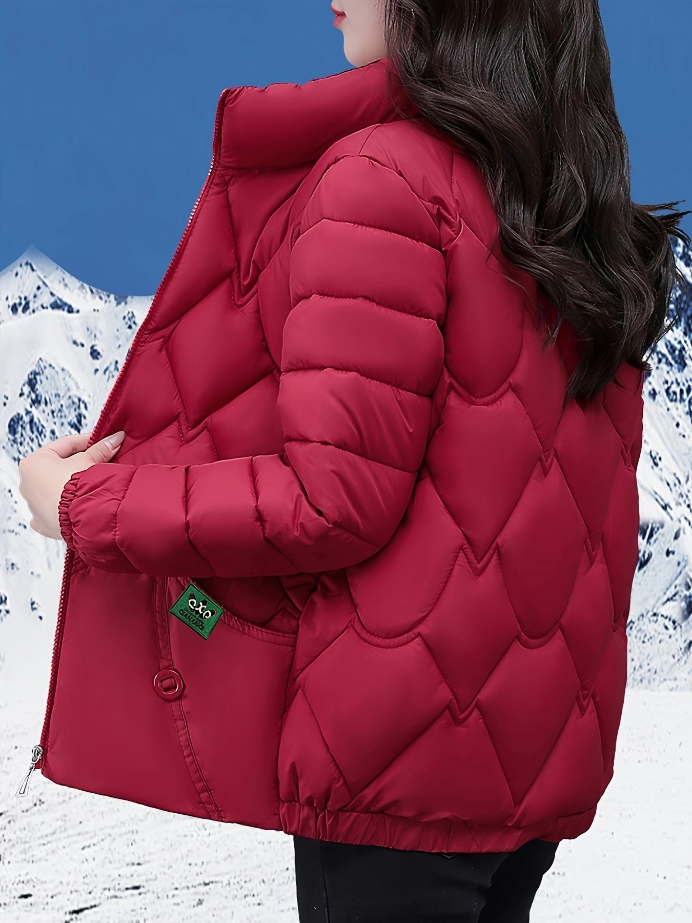 Plus Size - Women'S Stylish Red Quilted Jacket - Long Sleeve, Zip-Up Winter Coat with Pockets, Casual Polyester Outerwear for Cold Weather, Winter Jacket