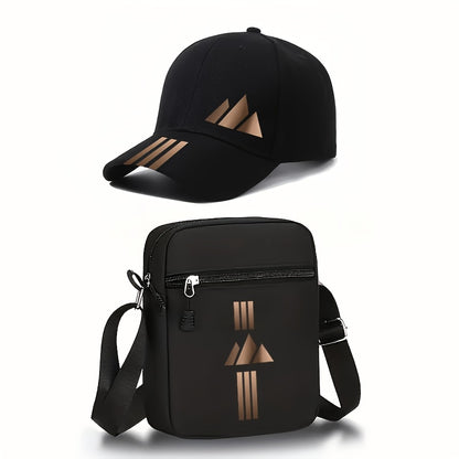 Unisex Curved Brim Baseball Cap & Crossbody Bag Set with Geometric Pri